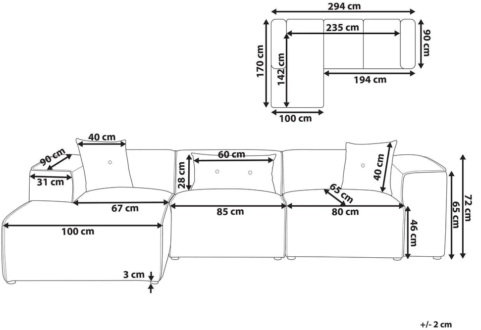 Beliani 3 vietų kampinė sofa DOLVA, velvetas, smėlio spalvos, dešininė