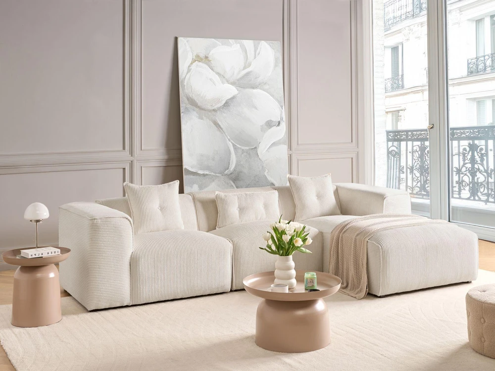 Beliani 3 vietų kampinė sofa DOLVA, velvetas, kreminė balta, kairinė