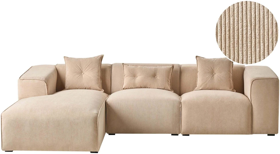 Beliani 3 vietų kampinė sofa DOLVA, velvetas, smėlio spalvos, dešininė
