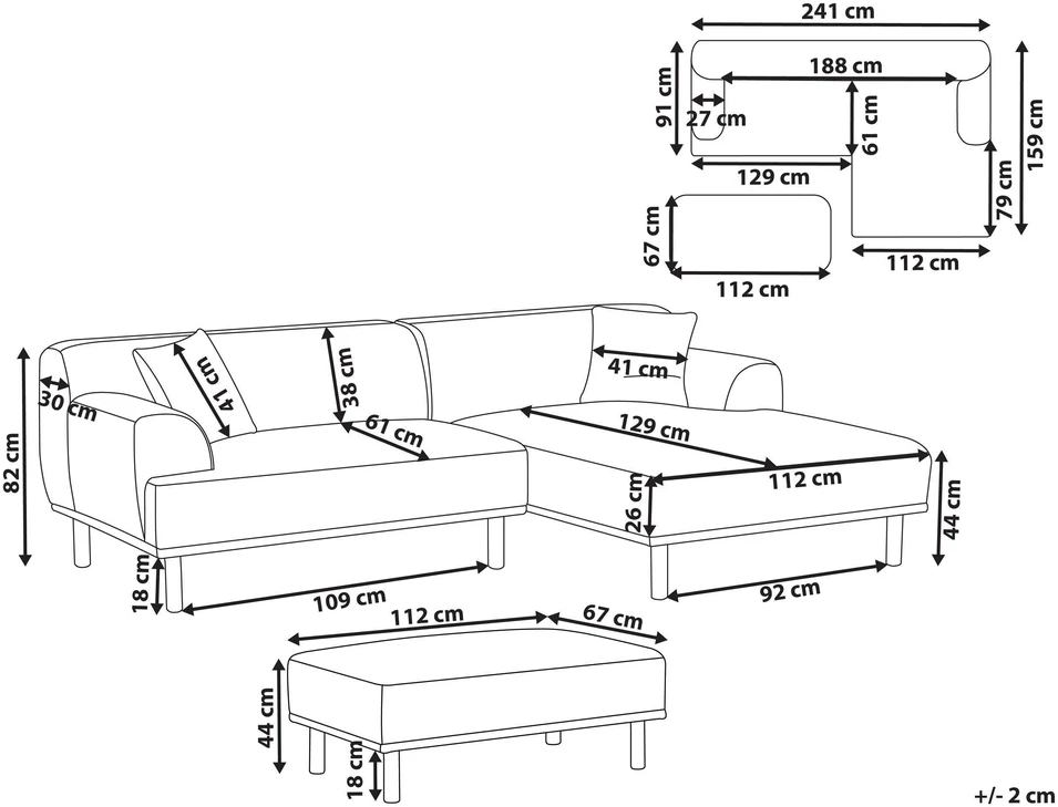 Beliani 3 vietų kampinė sofa HOLT, smėlio spalvos, su otomanu, kairinė
