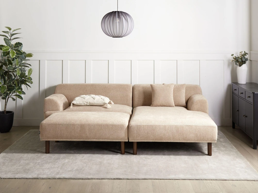Beliani 3 vietų kampinė sofa HOLT, smėlio spalvos, su otomanu, kairinė