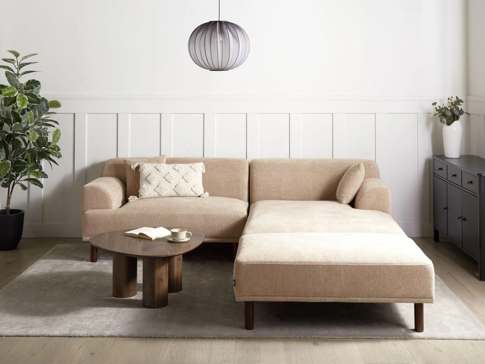 Beliani 3 vietų kampinė sofa HOLT, smėlio spalvos, su otomanu, kairinė