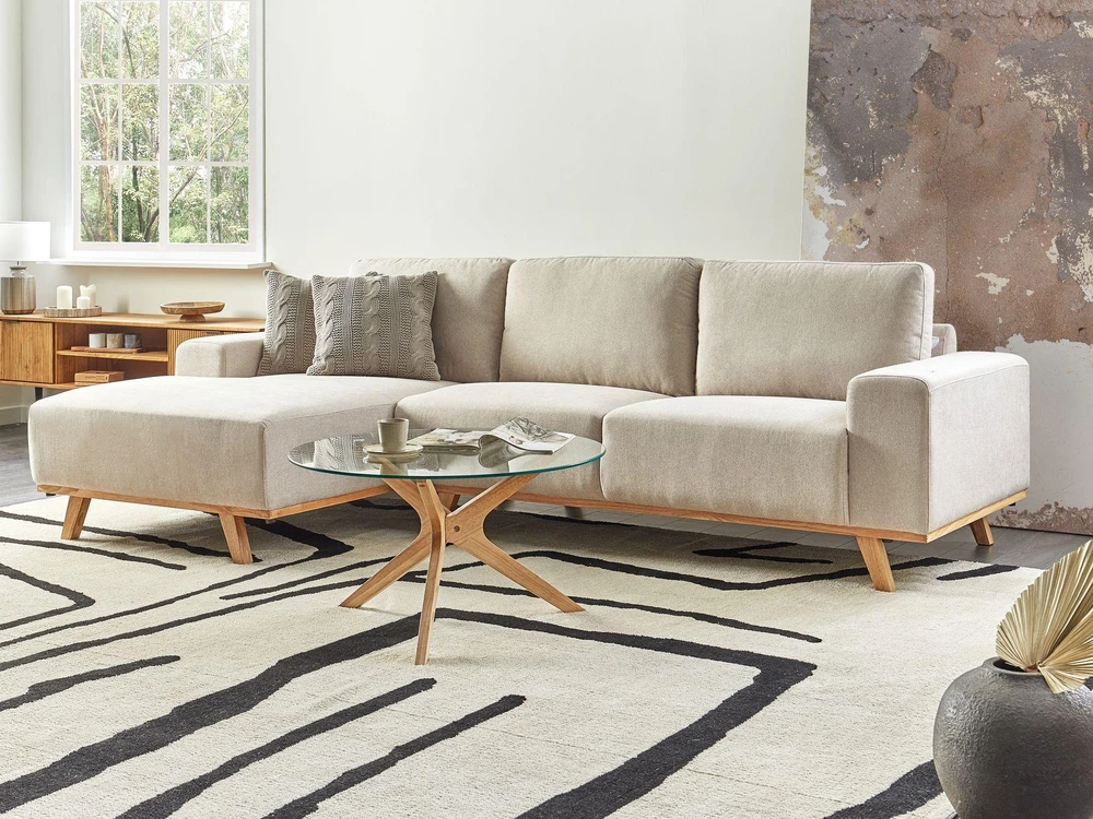 Beliani 3 vietų kampinė sofa NORA, smėlio spalvos, dešininė