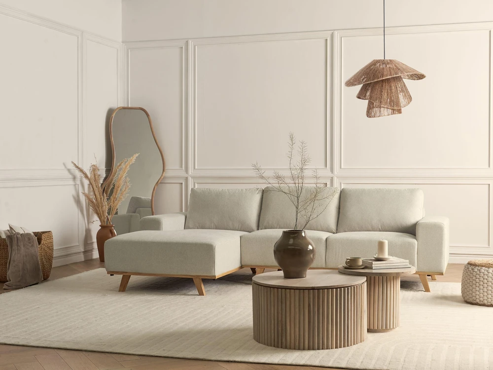 Beliani 3 vietų kampinė sofa NORA, smėlio spalvos, dešininė