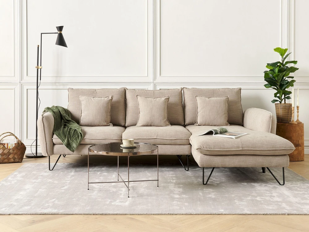 Beliani 3 vietų kampinė sofa SERSAN, šenilas, smėlio spalvos, kairinė