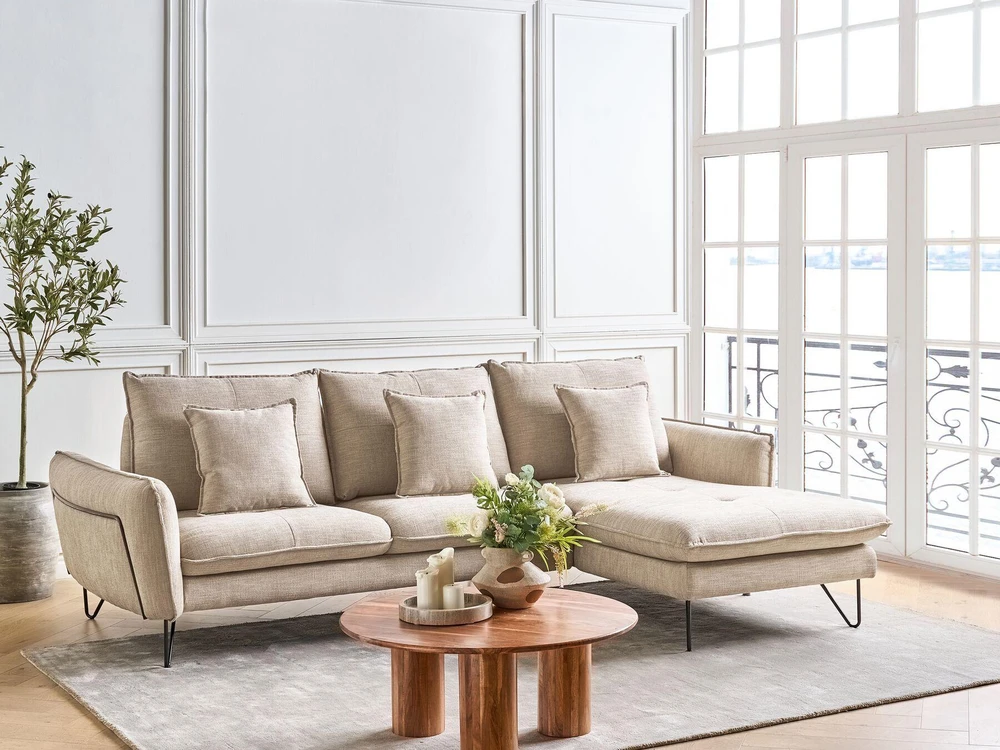 Beliani 3 vietų kampinė sofa SERSAN, šenilas, smėlio spalvos, kairinė