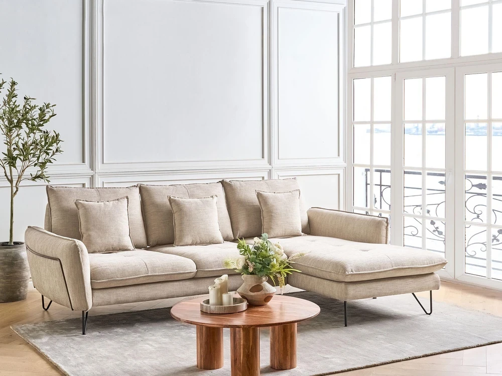 Beliani 3 vietų kampinė sofa SERSAN, šenilas, smėlio spalvos, kairinė