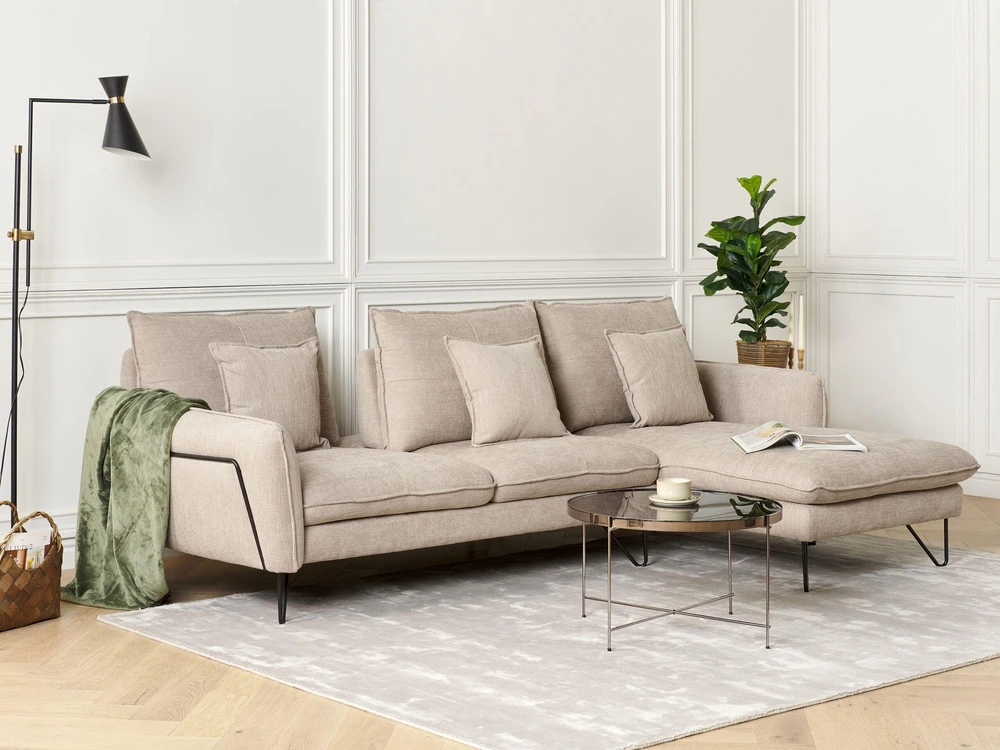 Beliani 3 vietų kampinė sofa SERSAN, šenilas, smėlio spalvos, kairinė