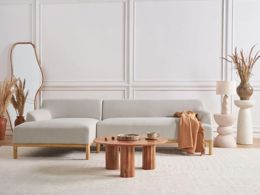 Beliani 3 vietų kampinė sofa SOSJO šviesiai smėlio spalvos, dešinė pusė