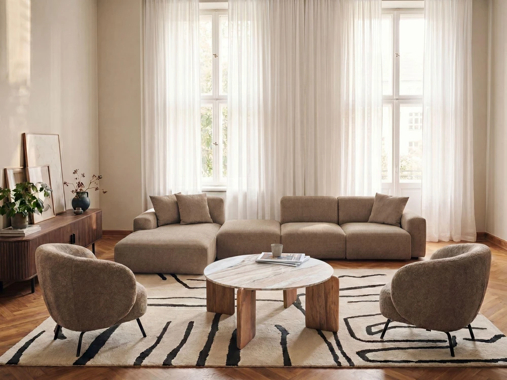 Beliani 3 vietų modulinė kampinė sofa HEDE, ruda, su pufu, dešininė