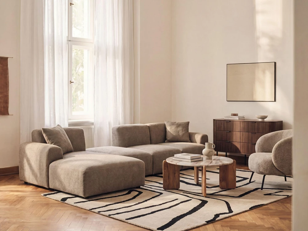 Beliani 3 vietų modulinė kampinė sofa HEDE, ruda, su pufu, dešininė