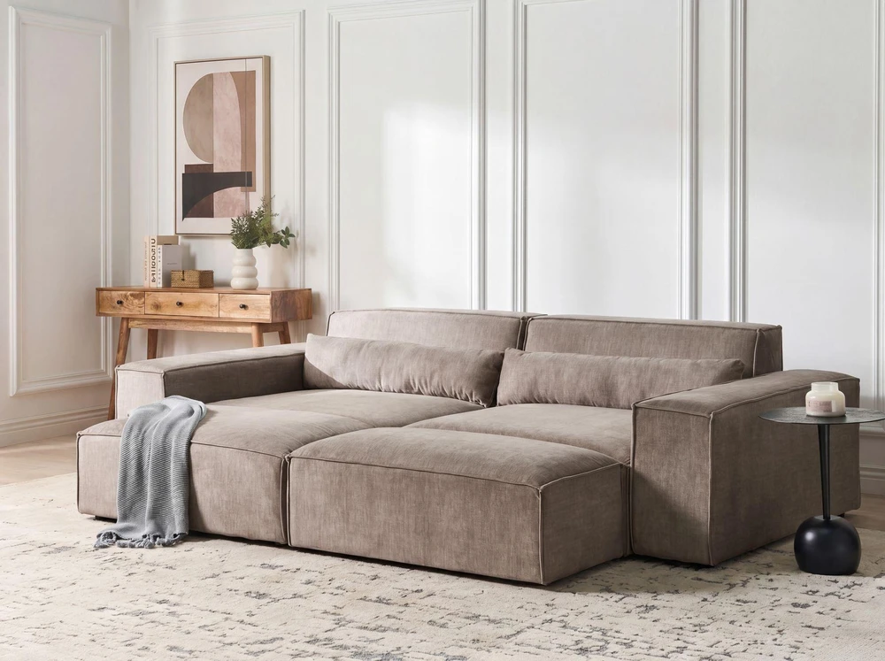 Beliani 3 vietų modulinė kampinė sofa HELLNAR su pufu, šviesiai ruda, dešininė