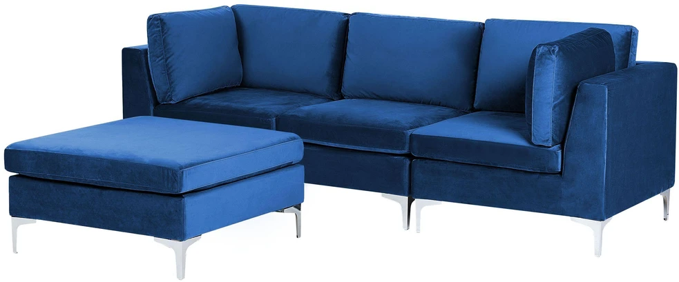Beliani 3 vietų modulinė sofa EVJA su pufu, tamsiai mėlynas veliūras