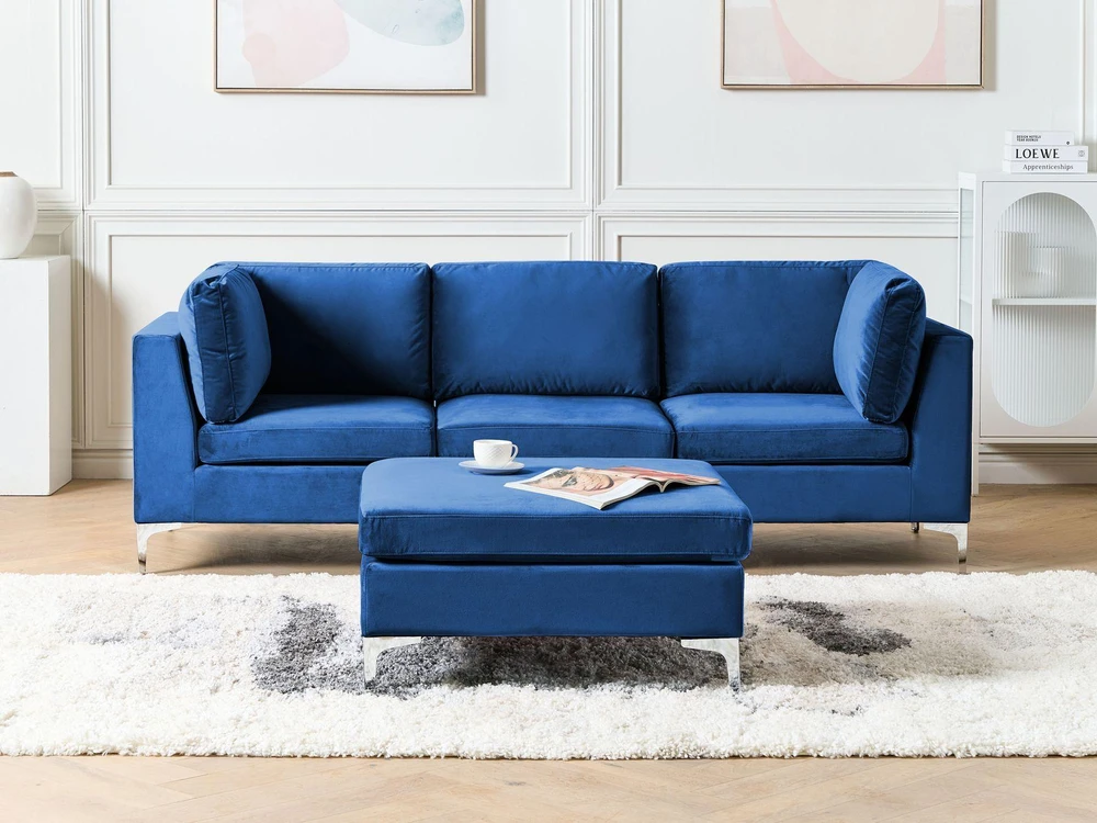 Beliani 3 vietų modulinė sofa EVJA su pufu, tamsiai mėlynas veliūras