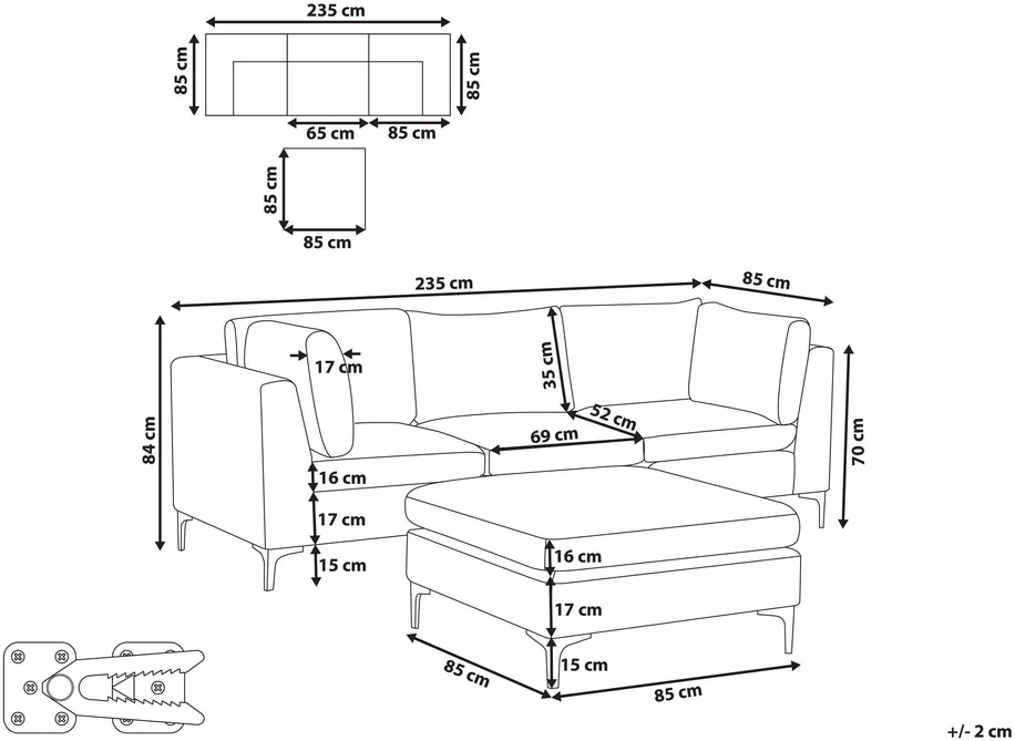 Beliani 3 vietų modulinė sofa EVJA su pufu, tamsiai mėlynas veliūras