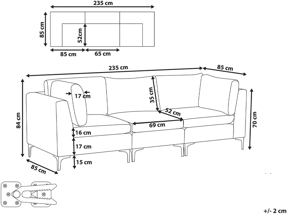 Beliani 3 vietų modulinė sofa EVJA, tamsiai mėlynas veliūras