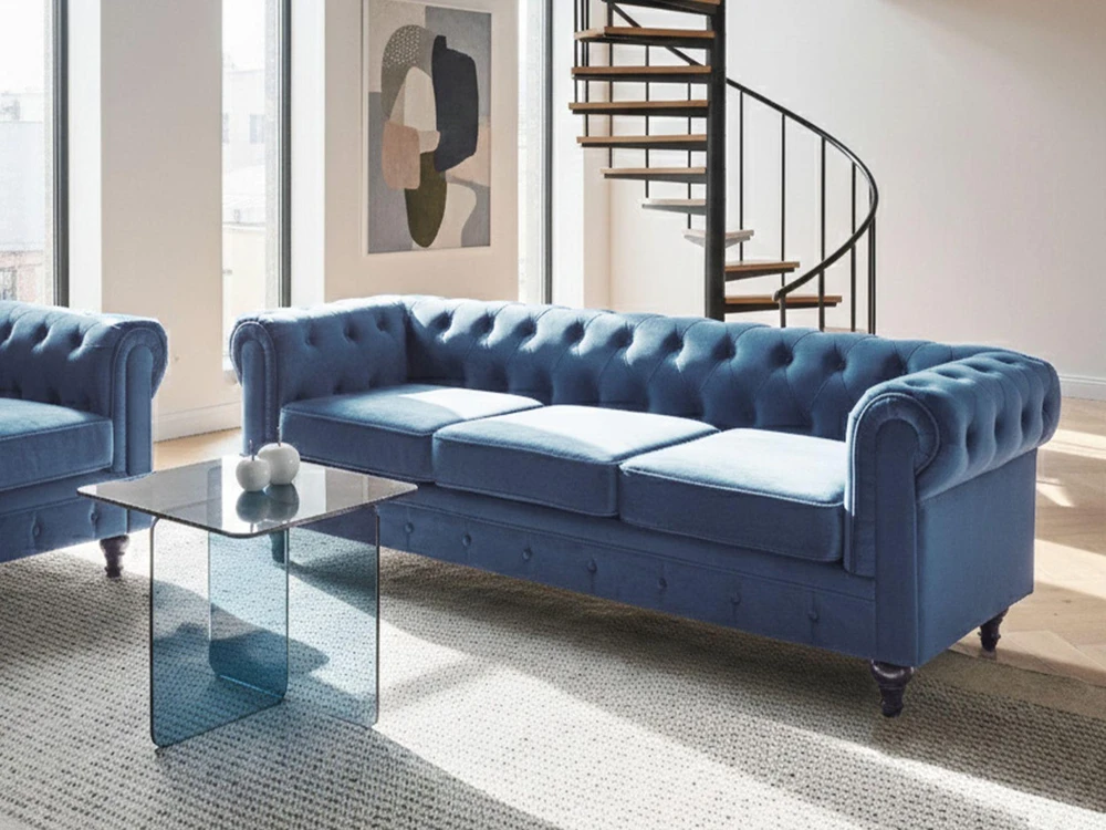 Beliani 3 vietų sofa CHESTERFIELD veliūrinė tamsiai mėlyna