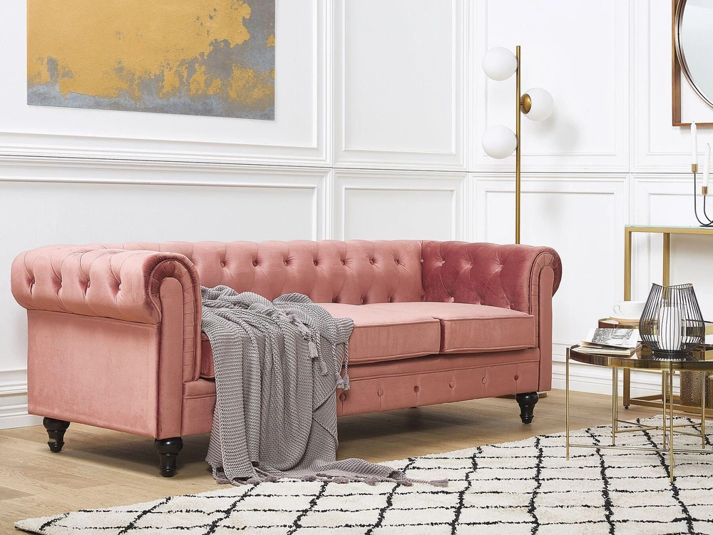 Beliani 3 vietų sofa CHESTERFIELD veliūrinė rožinė