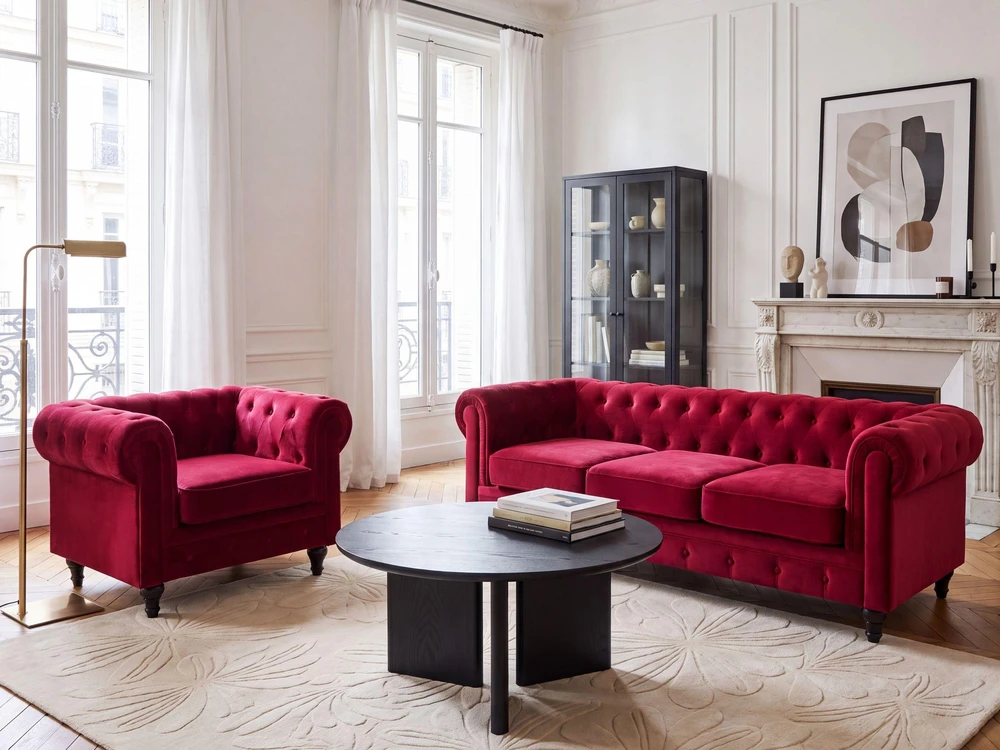 Beliani 3 vietų sofa CHESTERFIELD veliūrinė bordinė