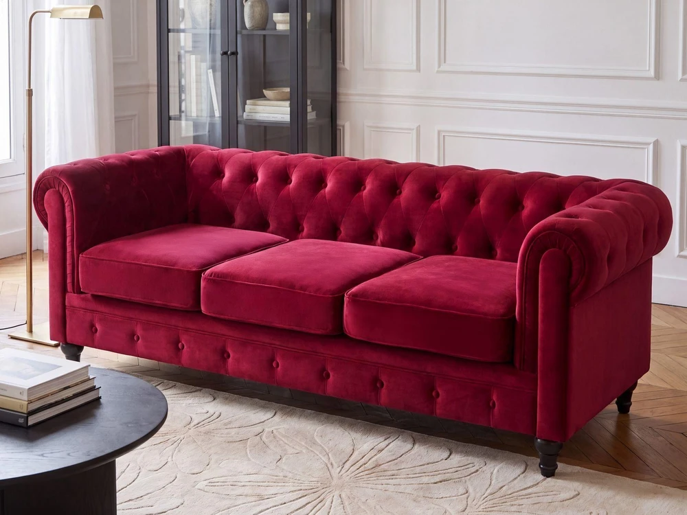 Beliani 3 vietų sofa CHESTERFIELD veliūrinė bordinė