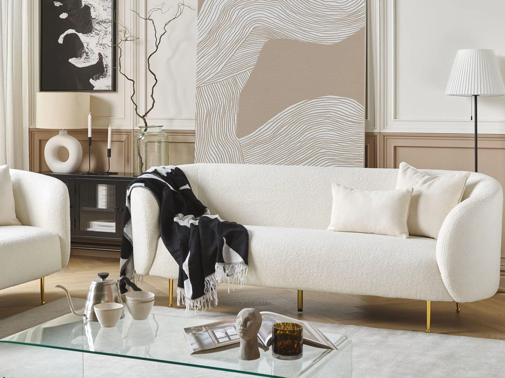 Beliani 3 vietų sofa LOEN, balta, bouclé audinys