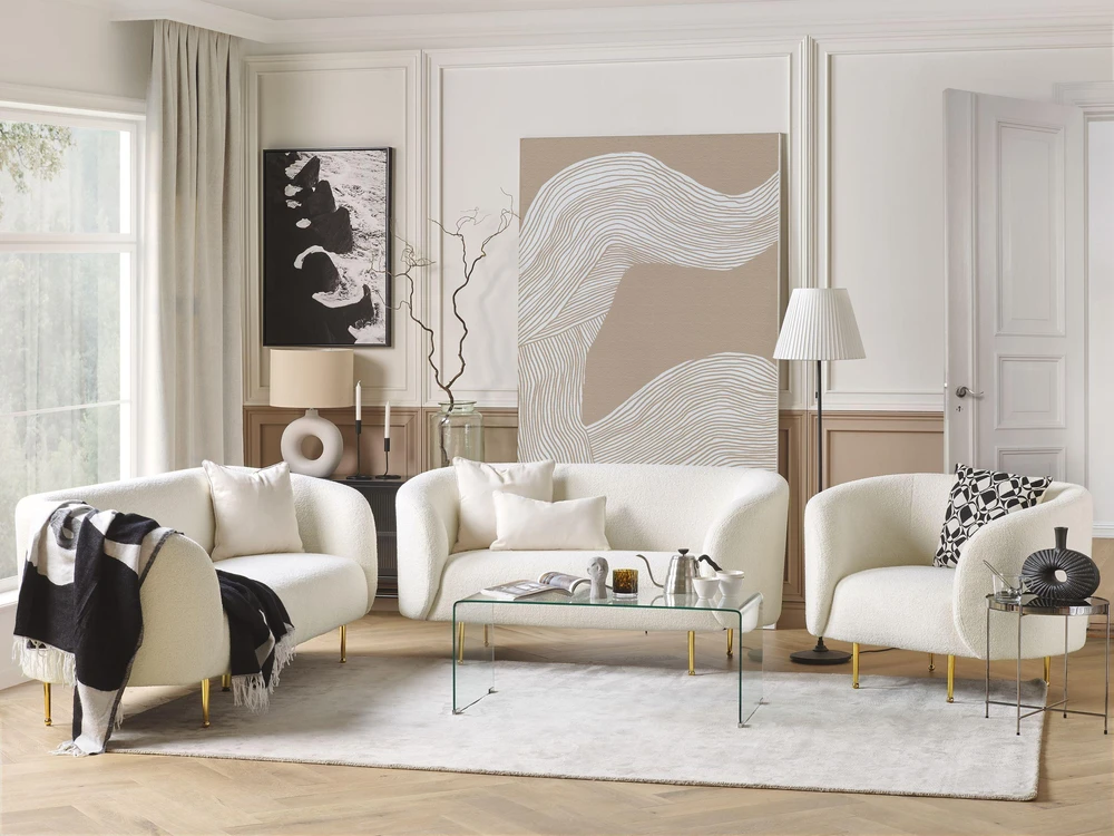 Beliani 3 vietų sofa LOEN, balta, bouclé audinys