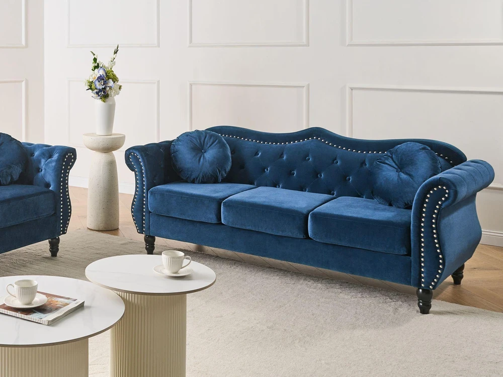 Beliani 3 vietų sofa SKIEN aksominė tamsiai mėlyna