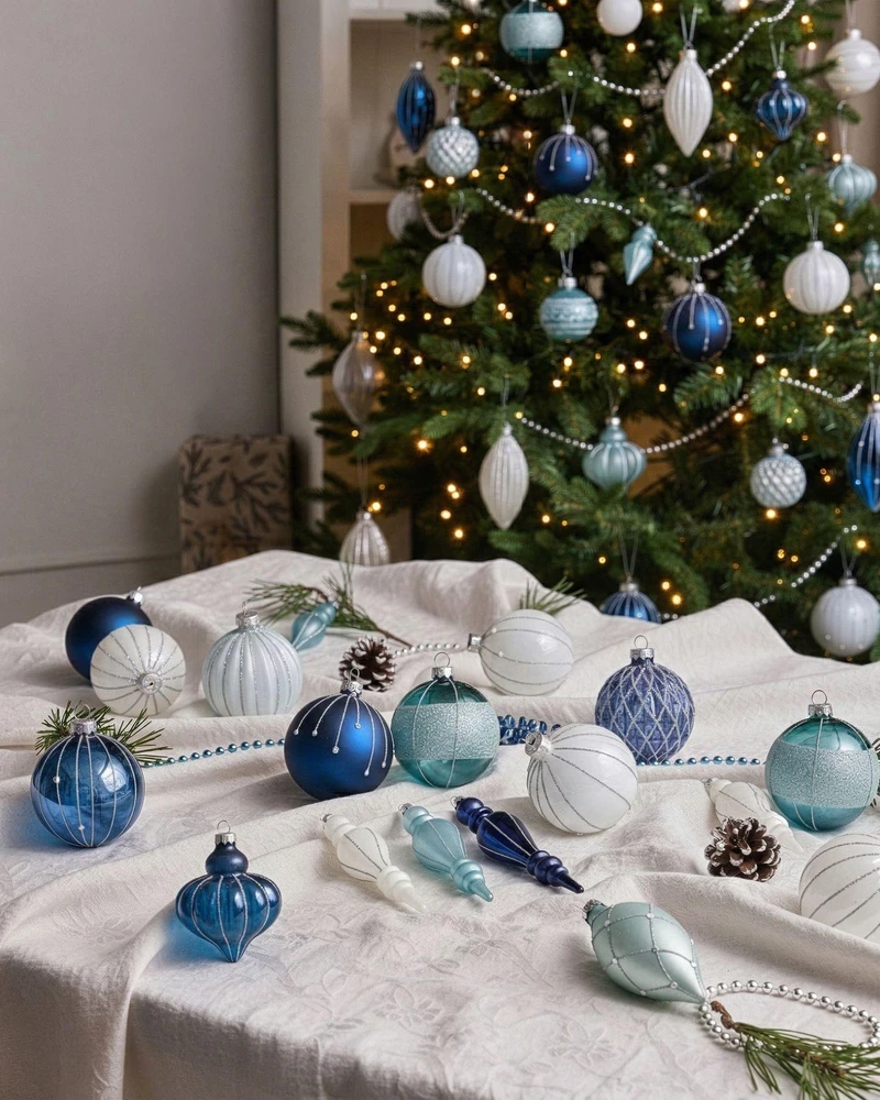 Beliani 35 eglutės žaisliukų rinkinys SNOWFALL Stiklas Mėlyna