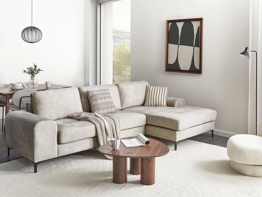 Beliani 4 asmenų kampinė sofa KIRUNA, veliūras, šviesiai smėlio spalvos, kairinė