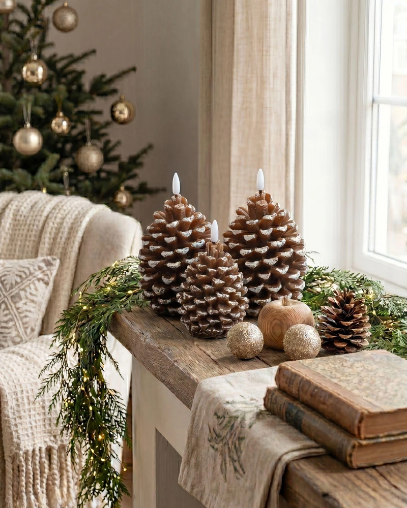 Beliani 4 LED žvakių komplektas IVRESSE kankorėžis 15/12 cm rudas
