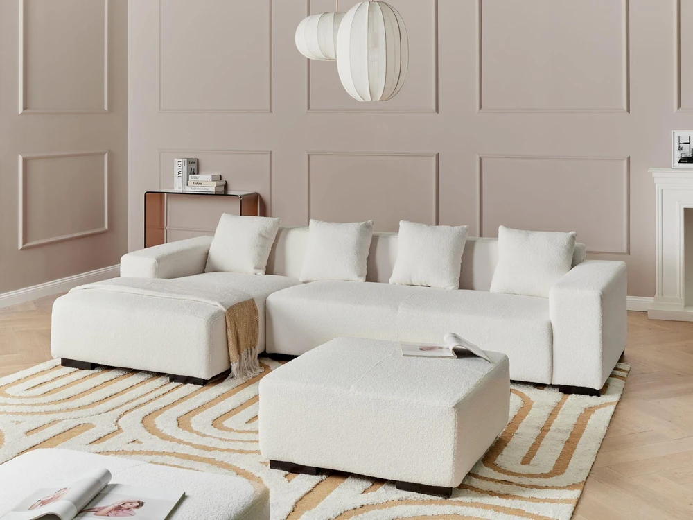 Beliani 4-vietė kampe sofa LUNGO Boucle, balta su otomanu, dešininė