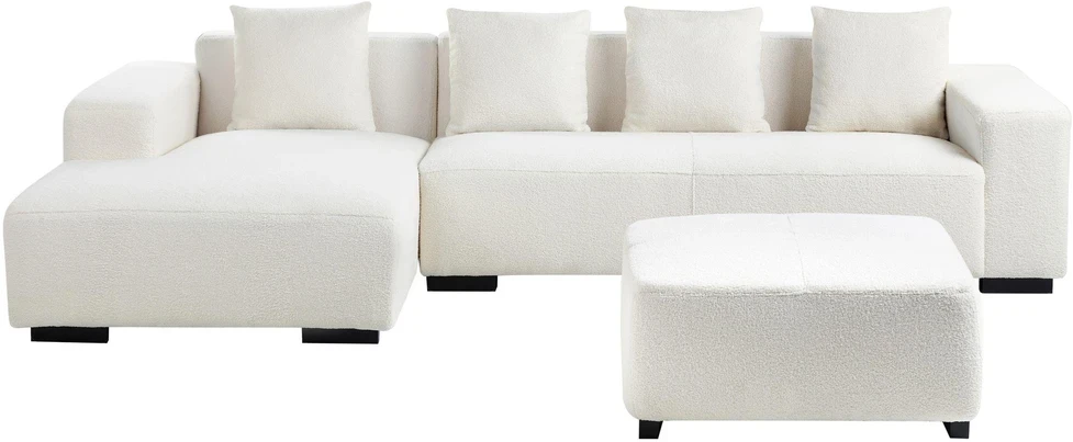 Beliani 4-vietė kampe sofa LUNGO Boucle, balta su otomanu, dešininė