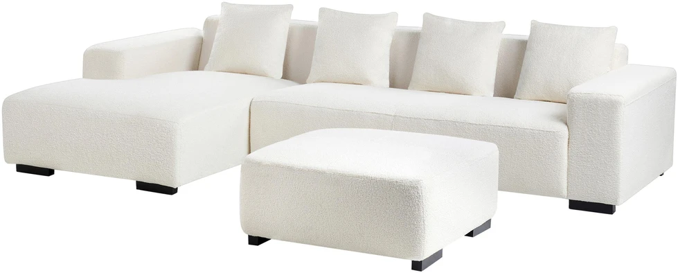 Beliani 4-vietė kampe sofa LUNGO Boucle, balta su otomanu, dešininė