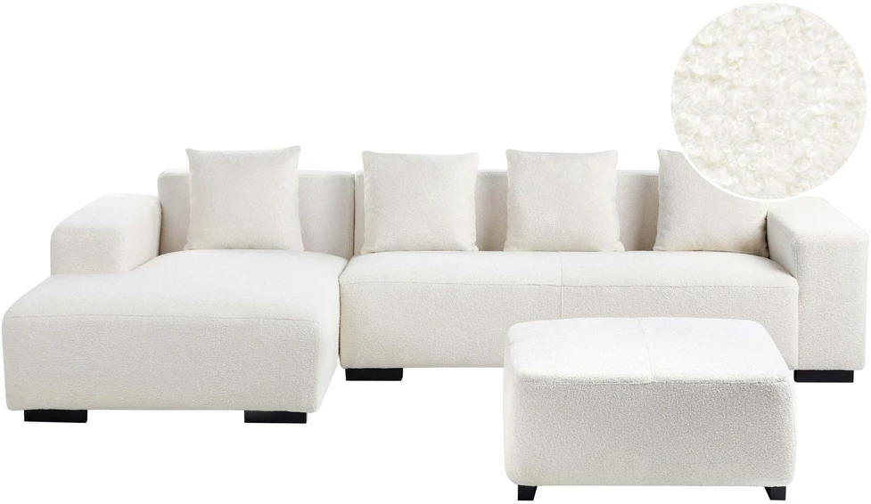 Beliani 4-vietė kampe sofa LUNGO Boucle, balta su otomanu, dešininė