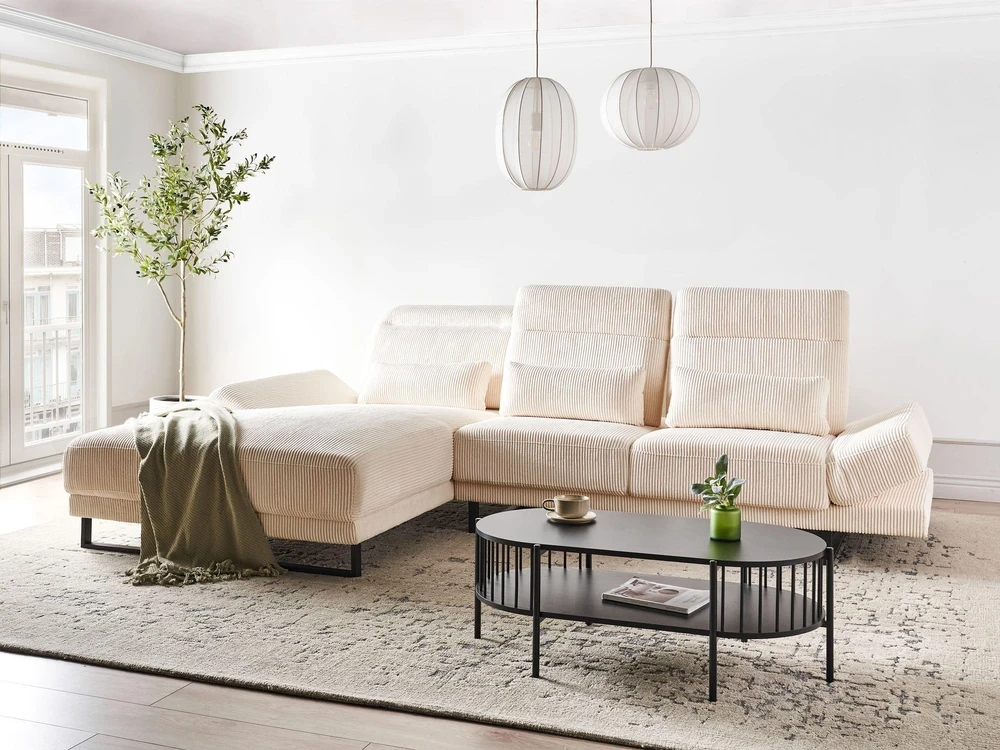 Beliani 4 vietų kampinė sofa IKAST, velveto audinys, smėlio spalvos, dešininė