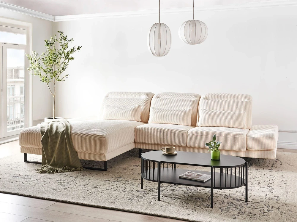 Beliani 4 vietų kampinė sofa IKAST, velveto audinys, smėlio spalvos, dešininė