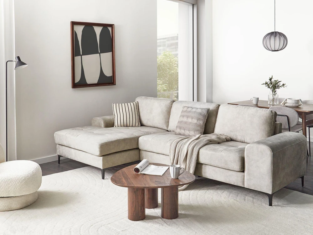 Beliani 4 vietų kampinė sofa KIRUNA, veliūras, šviesiai smėlio spalvos, dešinė pusė