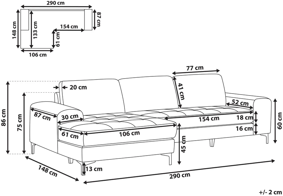 Beliani 4 vietų kampinė sofa KIRUNA, veliūras, šviesiai smėlio spalvos, dešinė pusė