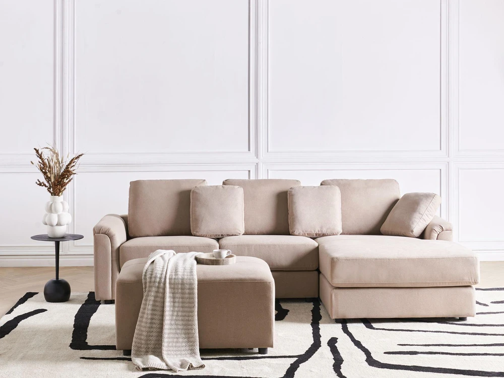 Beliani 4 vietų kampinė sofa KOHLO, smėlinės ir pilkos spalvos, su otomane, kairinė