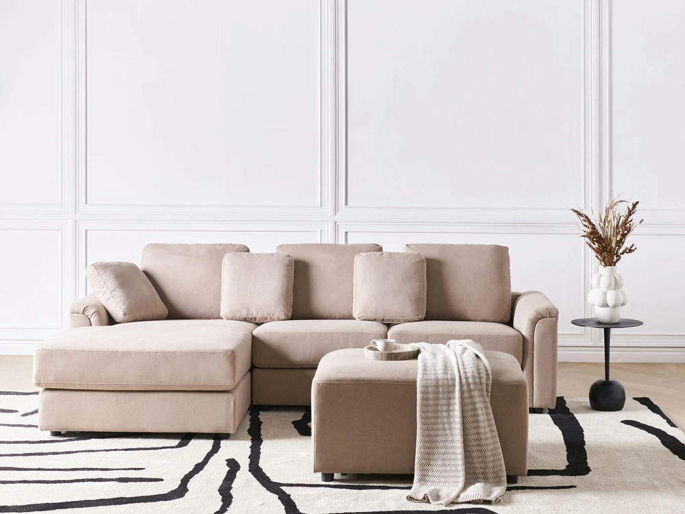 Beliani 4 vietų kampinė sofa KOHLO smėlio ir pilkos spalvos su pufas dešininė