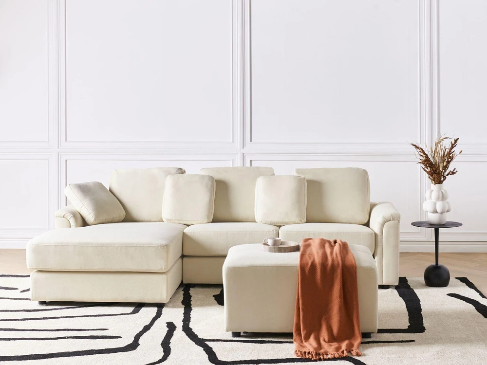 Beliani 4 vietų kampinė sofa KOHLO šviesiai smėlio spalvos su pufu dešininė