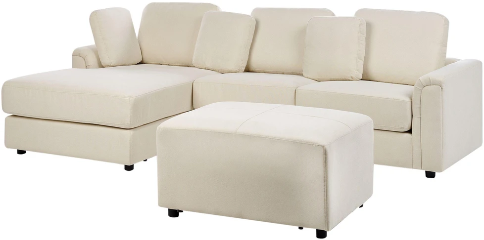 Beliani 4 vietų kampinė sofa KOHLO šviesiai smėlio spalvos su pufu dešininė