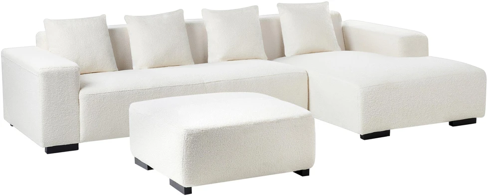 Beliani 4 vietų kampinė sofa LUNGO, „Boucle“ audinys, balta, su otomanu, kairinė