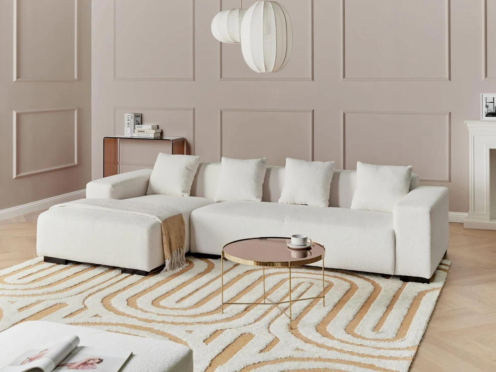 Beliani 4 vietų kampinė sofa LUNGO Boucle, balta, dešininė