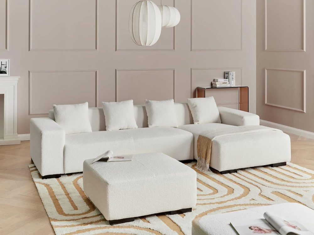 Beliani 4 vietų kampinė sofa LUNGO, „Boucle“ audinys, balta, su otomanu, kairinė
