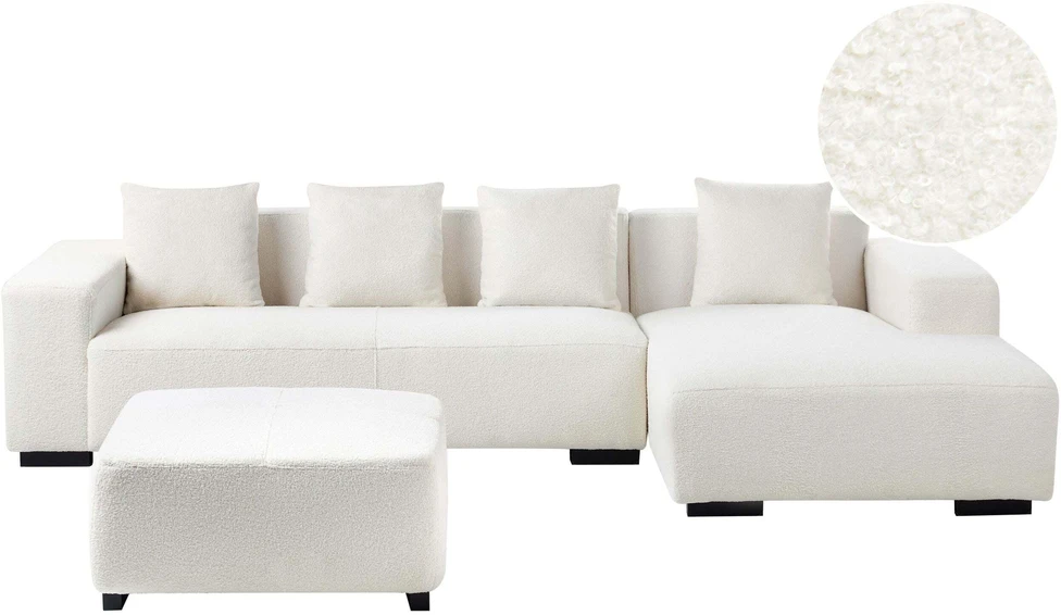 Beliani 4 vietų kampinė sofa LUNGO, „Boucle“ audinys, balta, su otomanu, kairinė