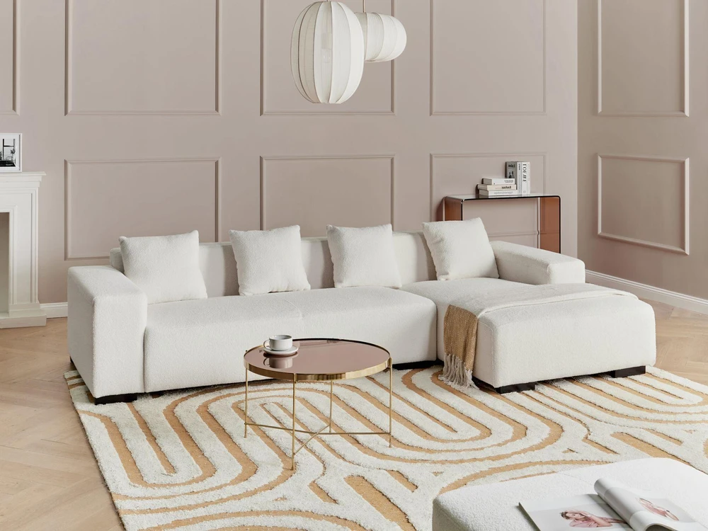 Beliani 4 vietų kampinė sofa LUNGO, „Boucle“, balta, kairinė