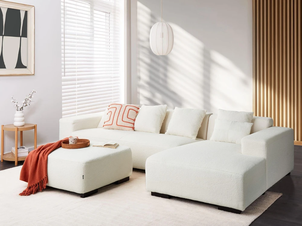 Beliani 4 vietų kampinė sofa LUNGO, „Boucle“ audinys, balta, su otomanu, kairinė