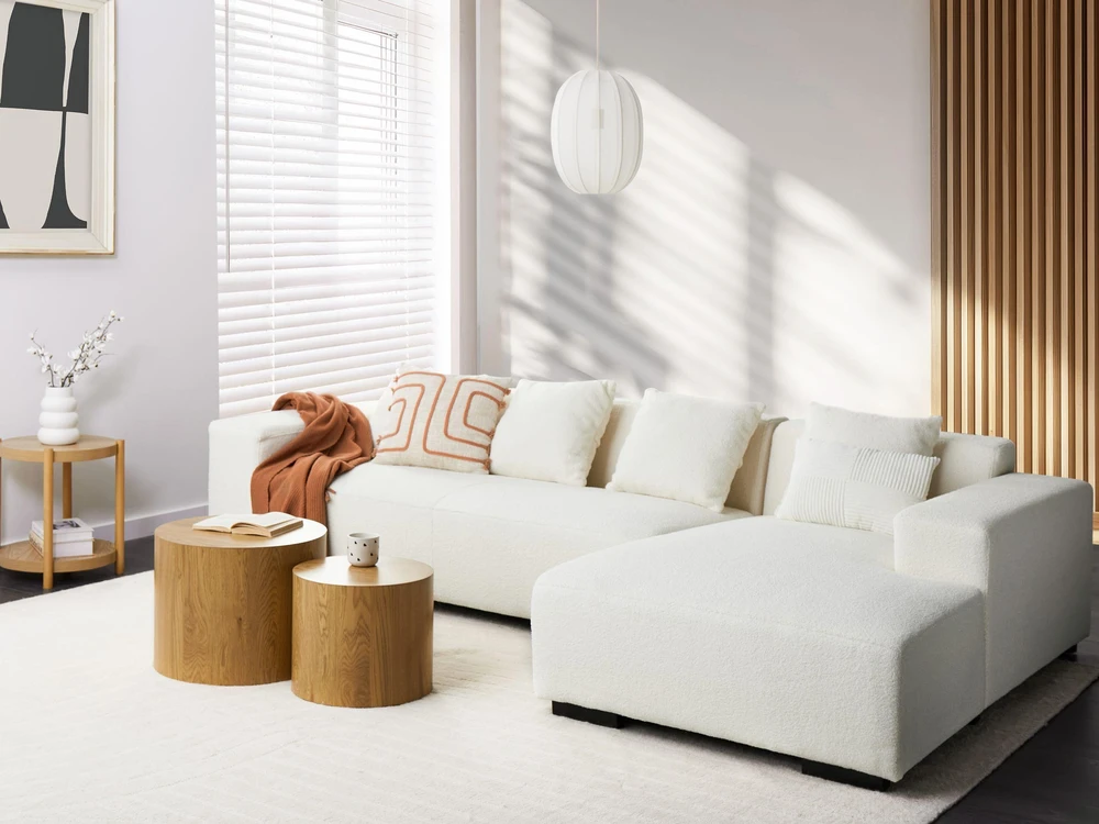 Beliani 4 vietų kampinė sofa LUNGO, „Boucle“, balta, kairinė