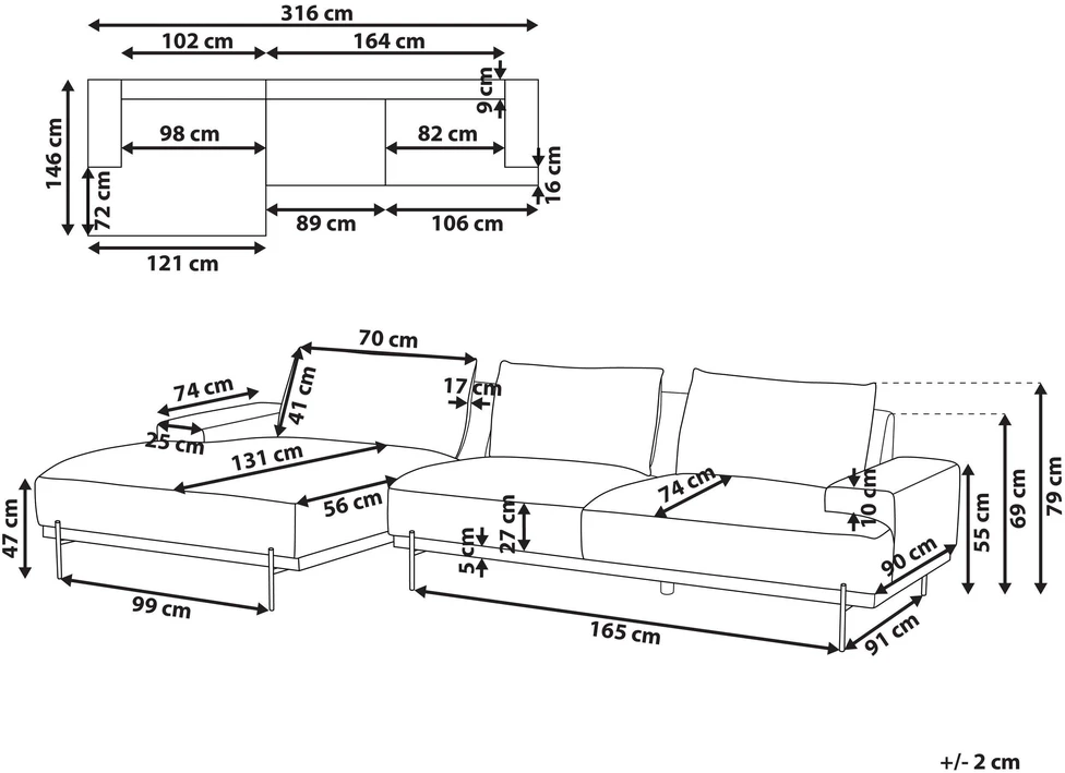 Beliani 4 vietų kampinė sofa MARIFERD šviesiai smėlio spalvos dešininė